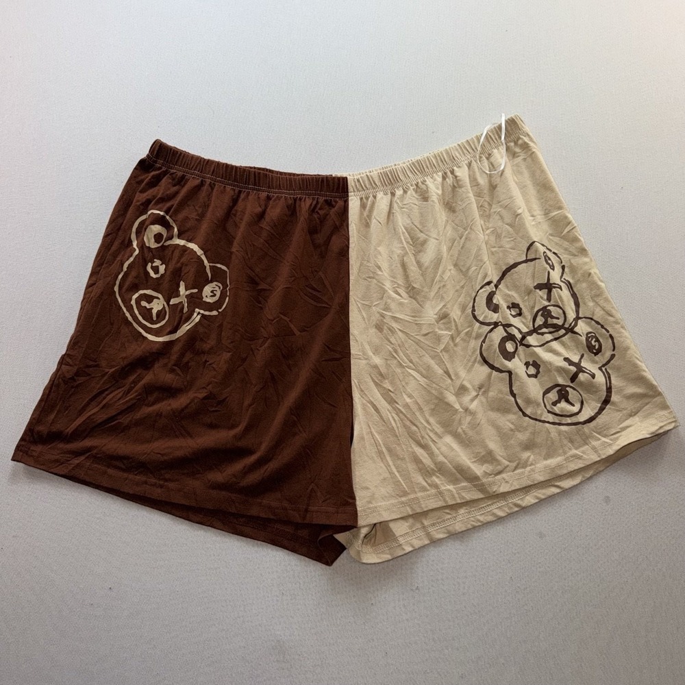 Shein Shorts Men 4XL Brown Good Cartoon Bear Graphics Colorblock Split Drawstrin
